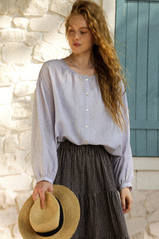 Round Neck Lantern Sleeve Button Front Loose Blouse 5