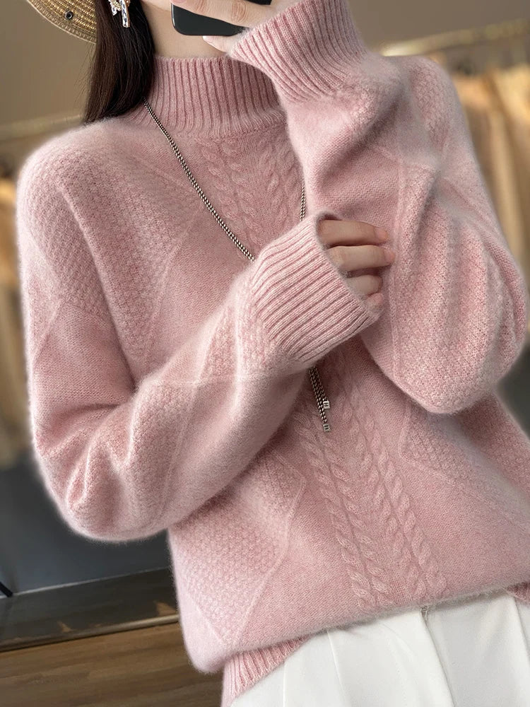 Mock Neck Long Sleeve Cable Knit Sweater