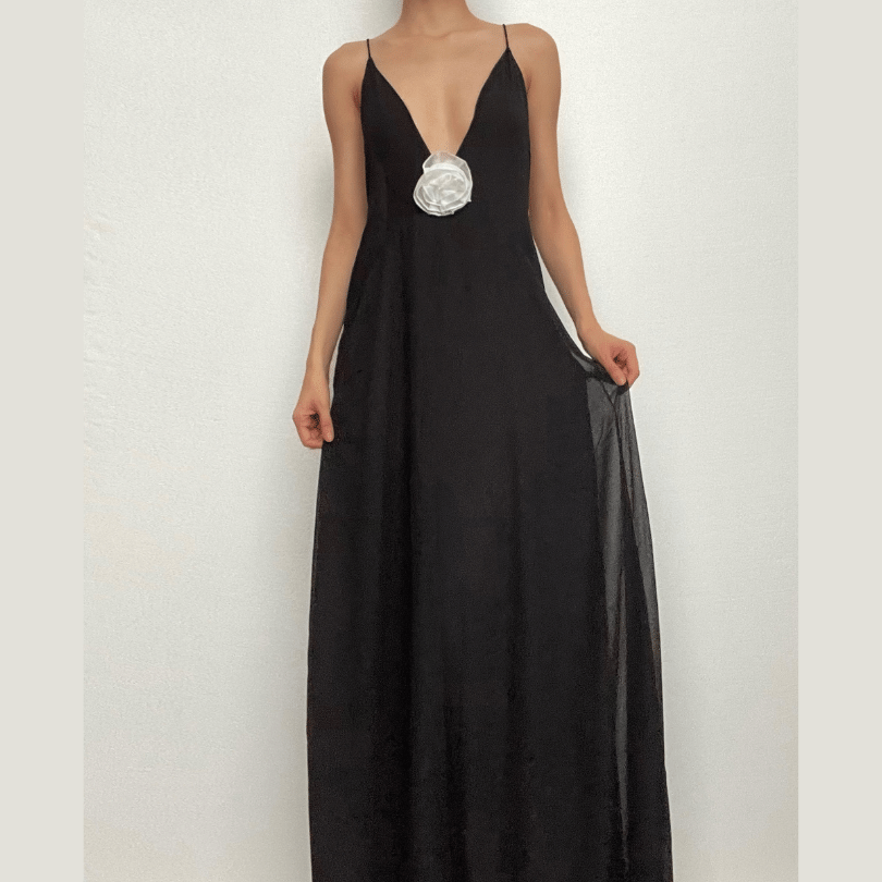 Deep V-Neck Rosette Applique Spaghetti Strap Chiffon Maxi Dress