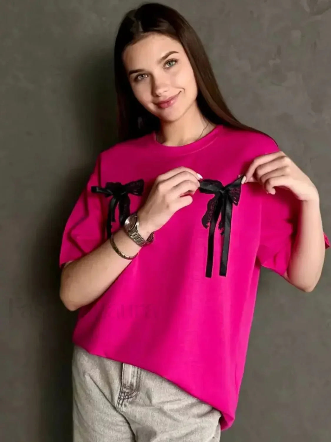 3D Bow Print Cotton T-Shirt