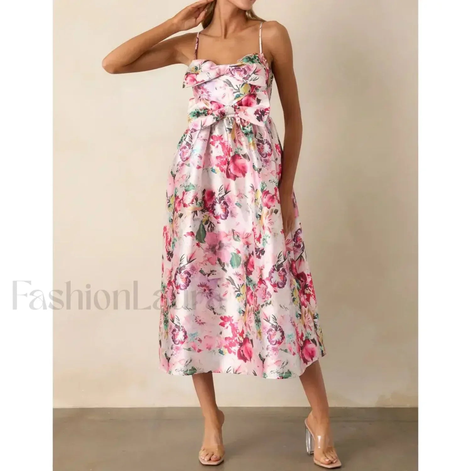 3D Bow Spaghetti-Strap Midi Dress