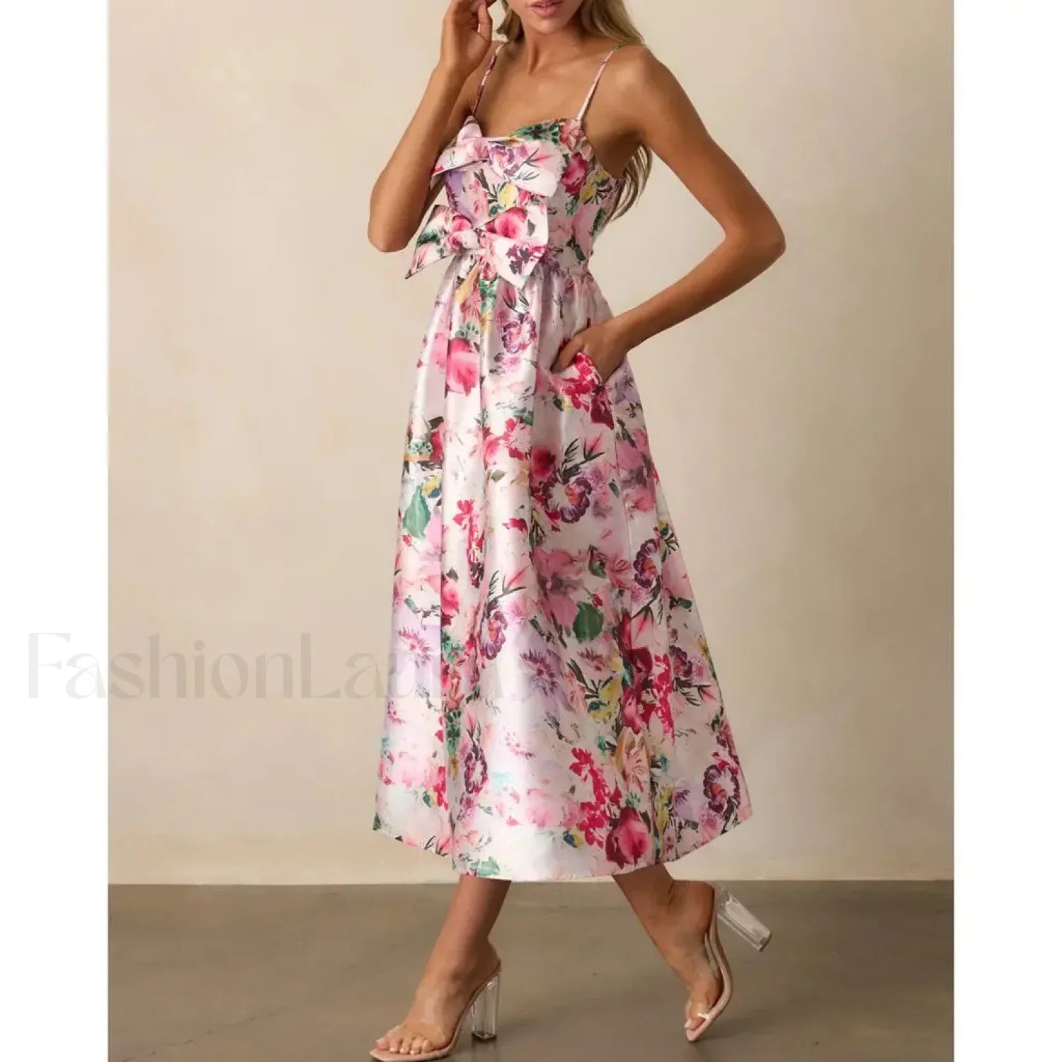 3D Bow Spaghetti-Strap Midi Dress