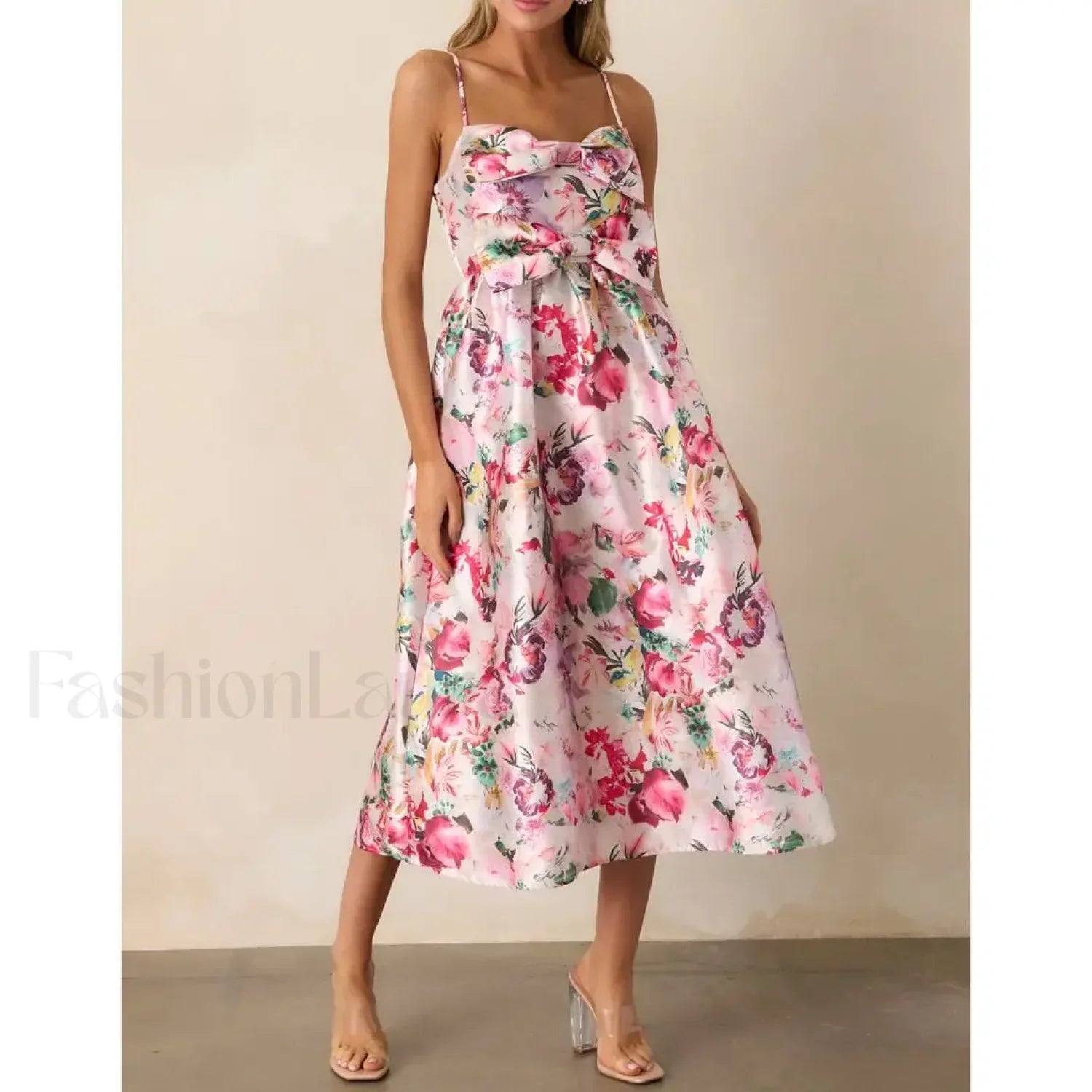 3D Bow Spaghetti-Strap Midi Dress