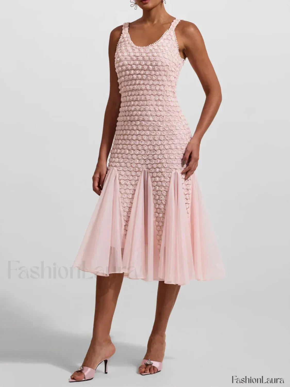3D Floral Mesh Midi Dress