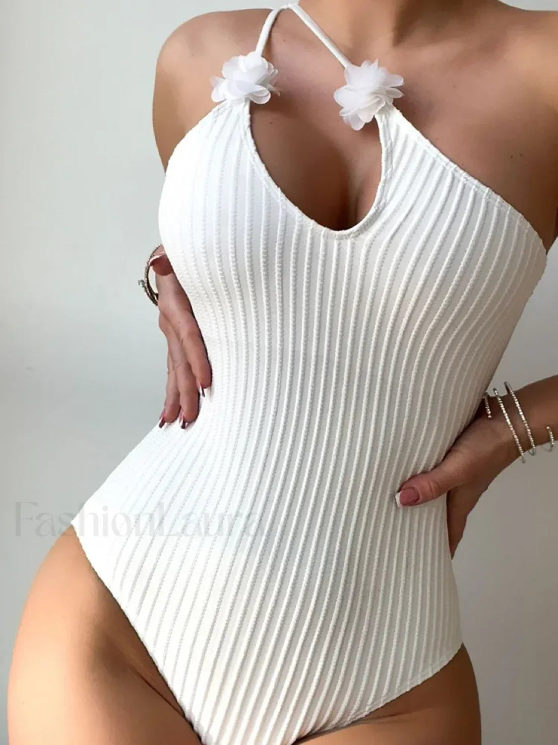 3D Floral Single Shoulder Backless One Piece WHITE / S