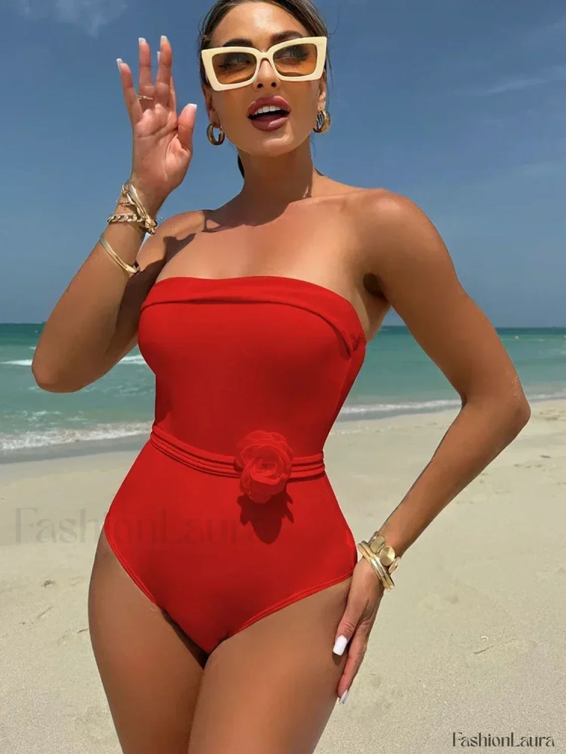 3D Floral Strapless White One Piece