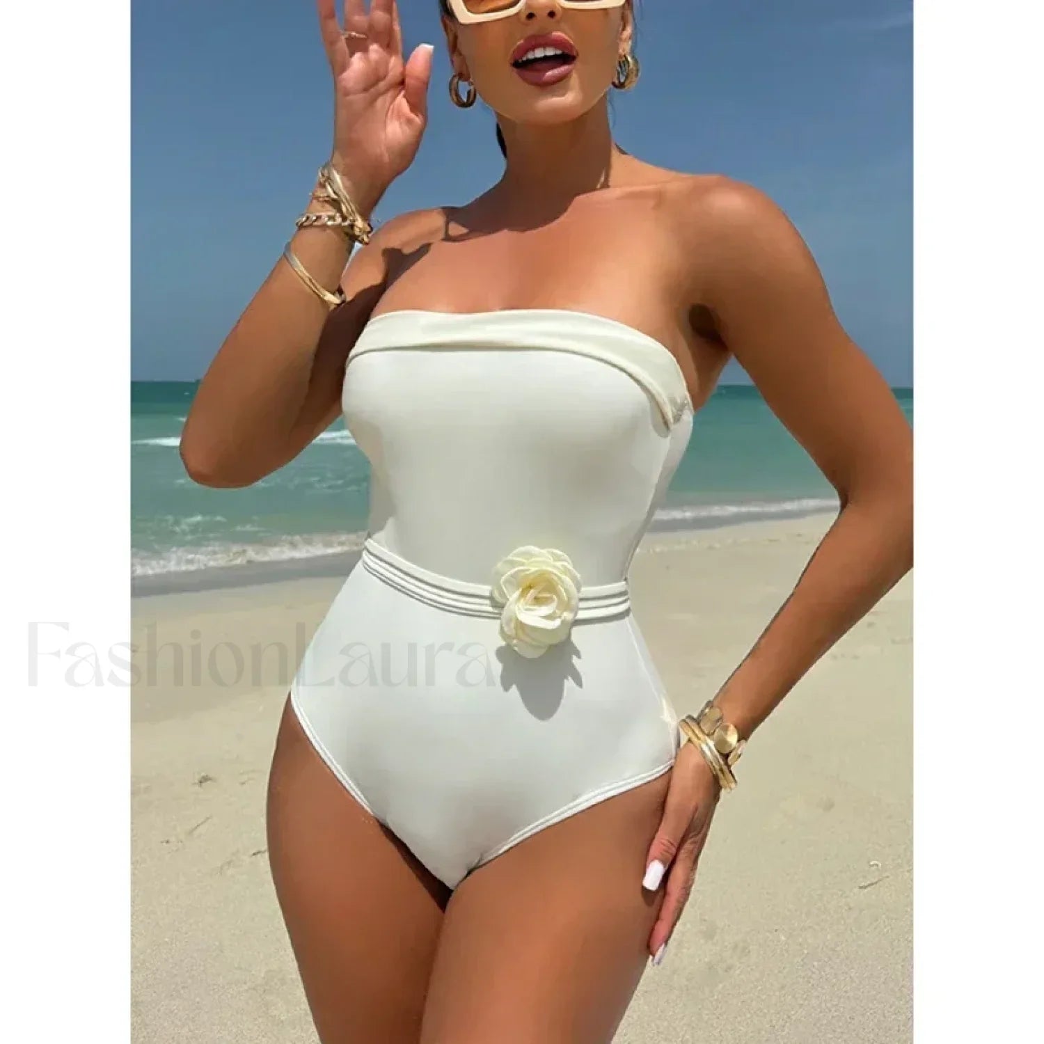 3D Floral Strapless White One Piece