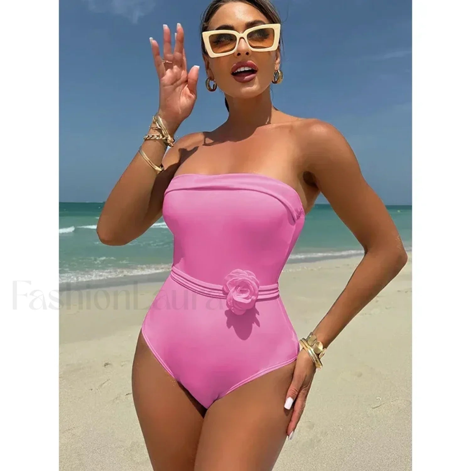 3D Floral Strapless White One Piece Pink / S