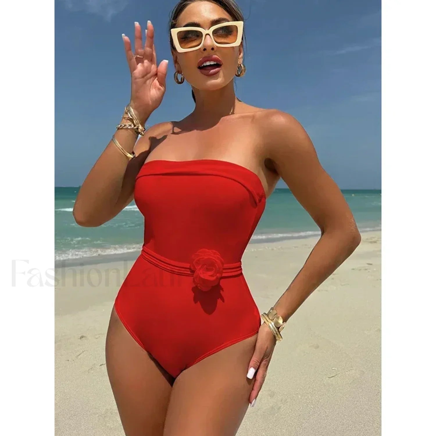 3D Floral Strapless White One Piece Red / S