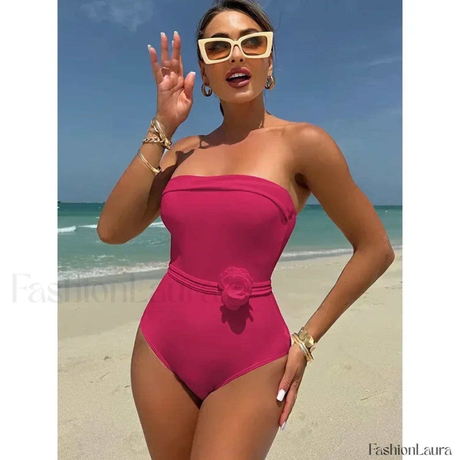3D Floral Strapless White One Piece