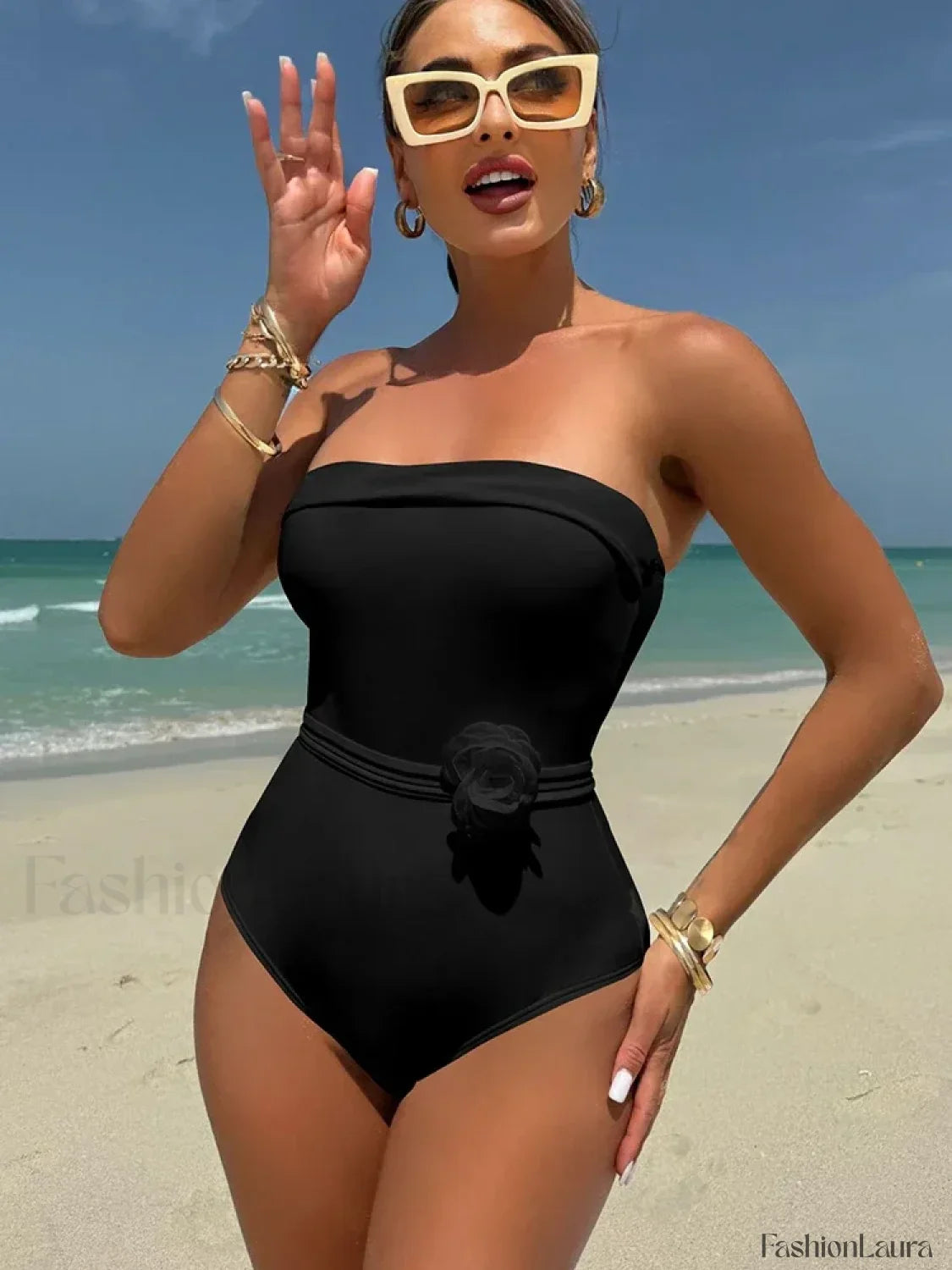 3D Floral White Strapless One Piece