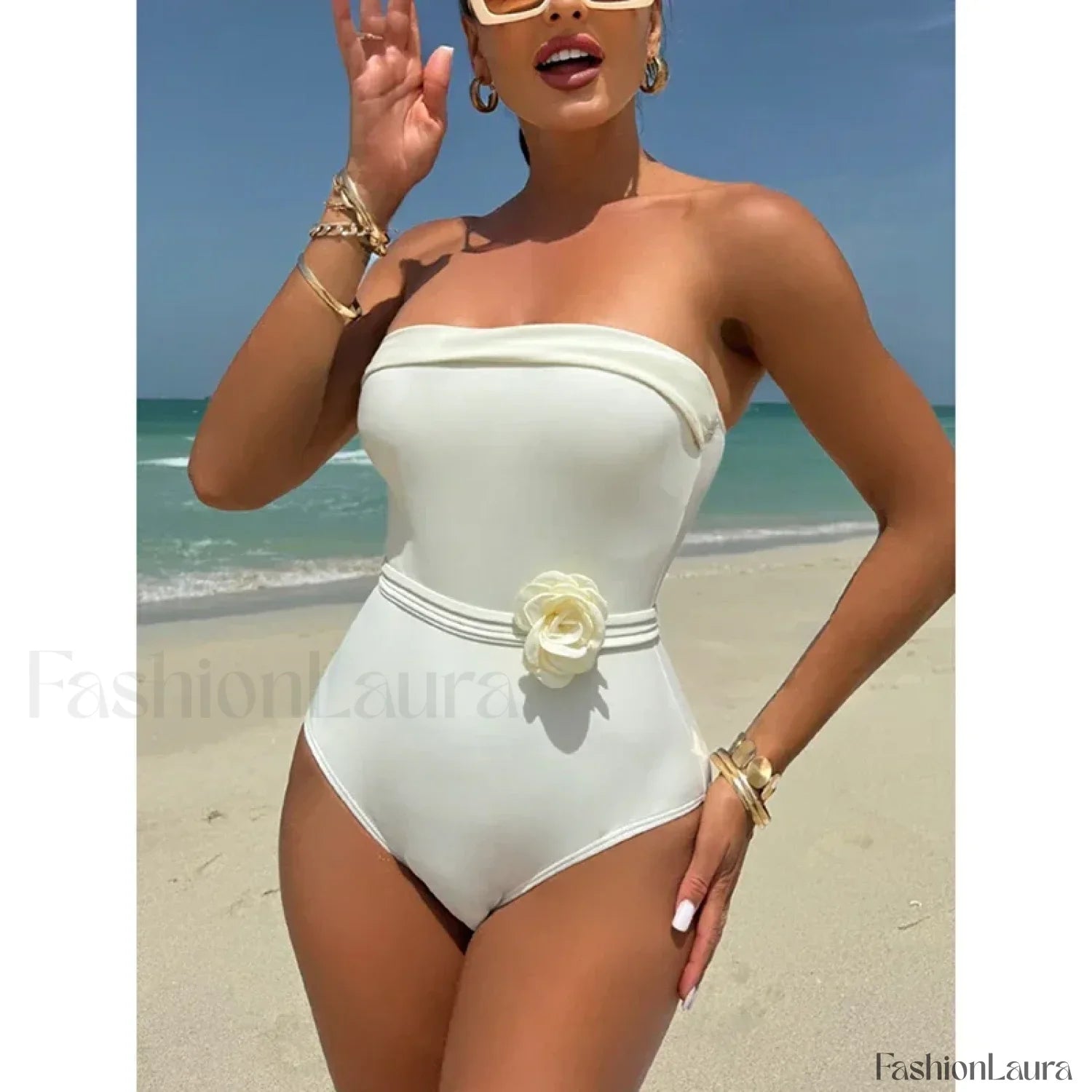 3D Floral White Strapless One Piece