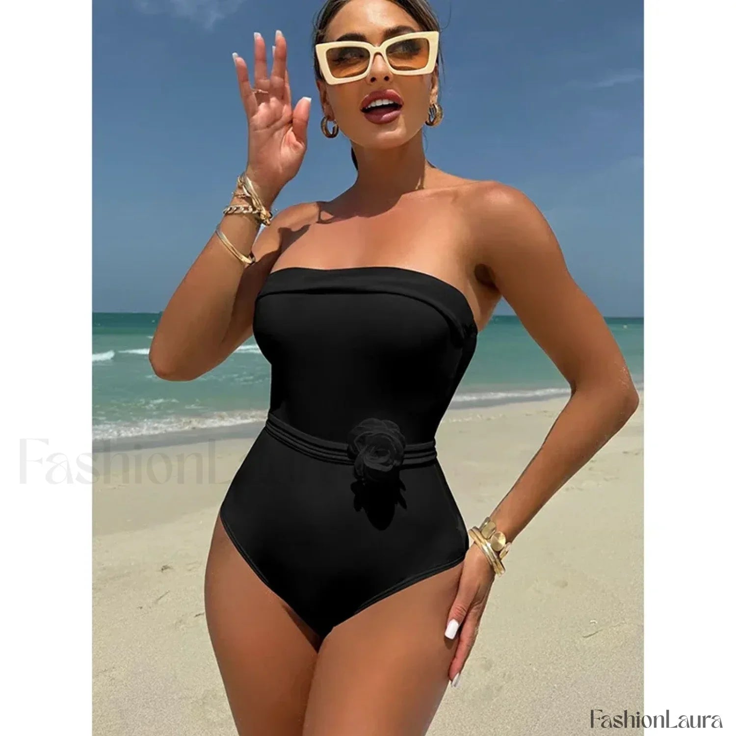 3D Floral White Strapless One Piece