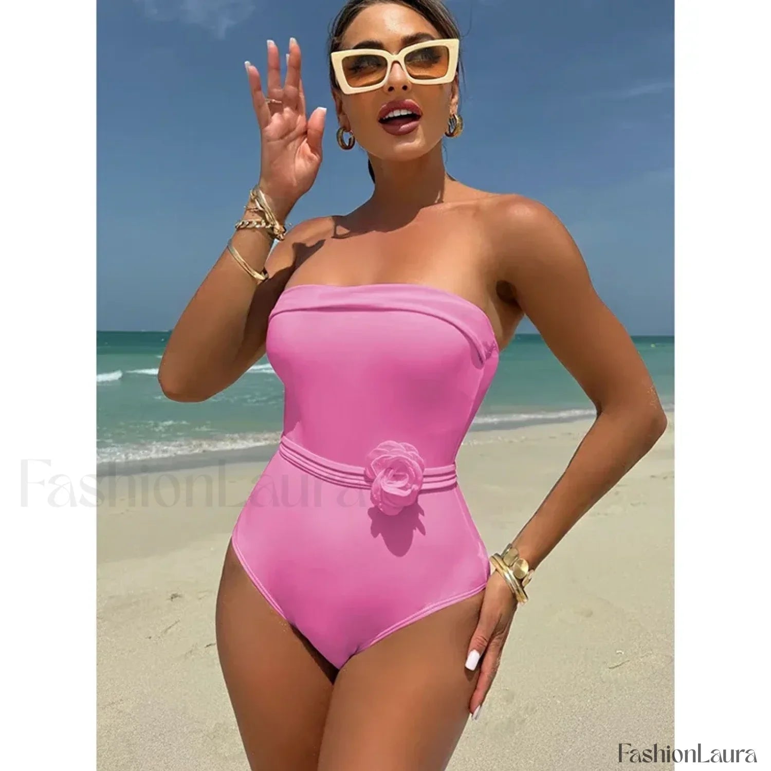 3D Floral White Strapless One Piece