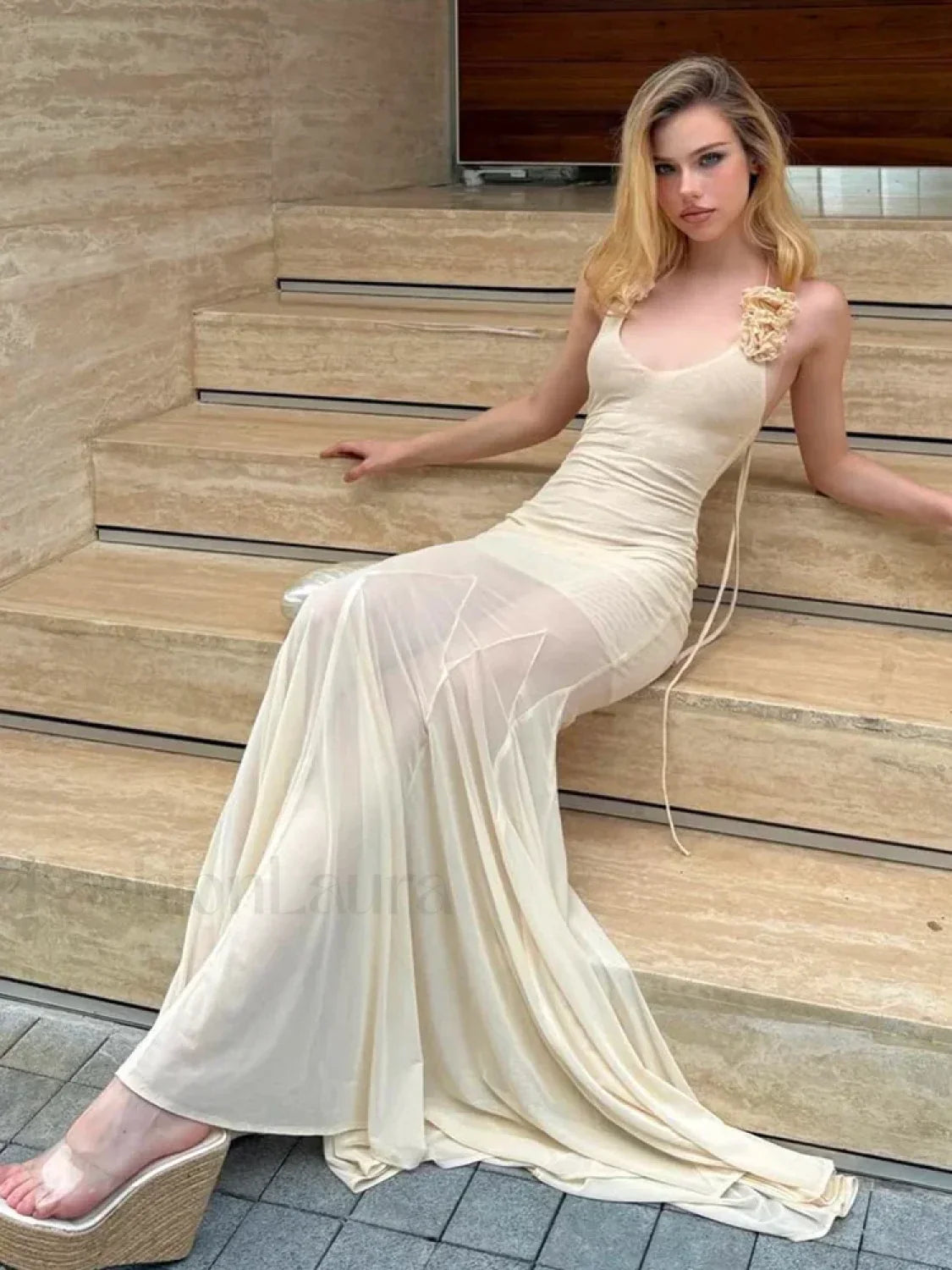 3D Flower Patchwork Halter Maxi Dress