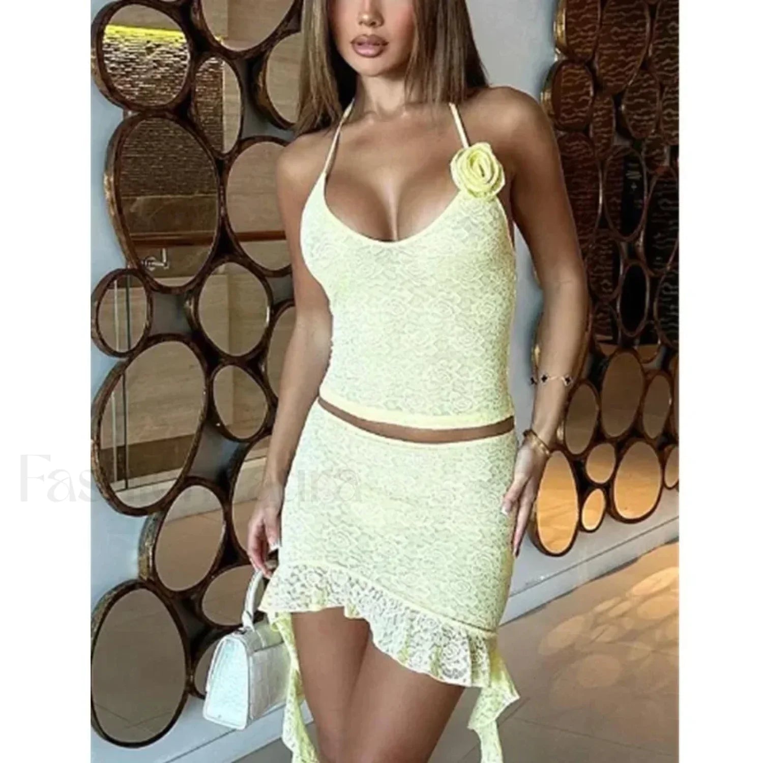 3D Flower Ruffle Mini Skirt Two Piece Set