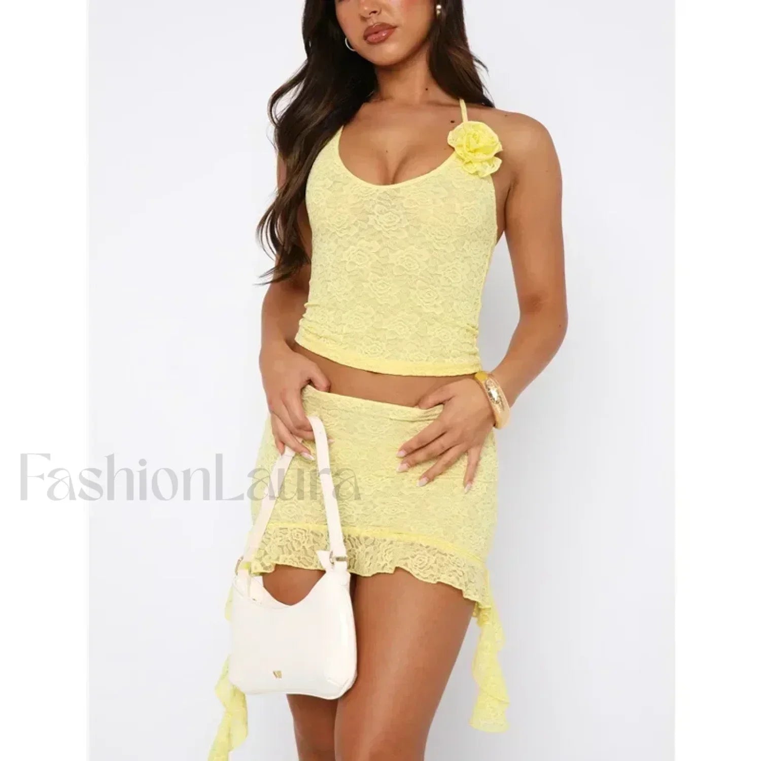 3D Flower Ruffle Mini Skirt Two Piece Set