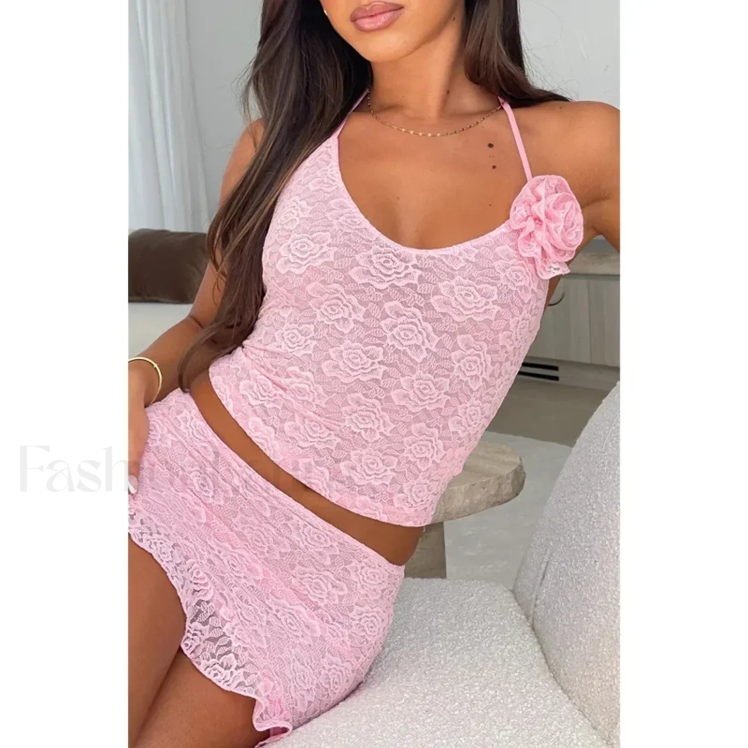 3D Flower Ruffle Mini Skirt Two Piece Set