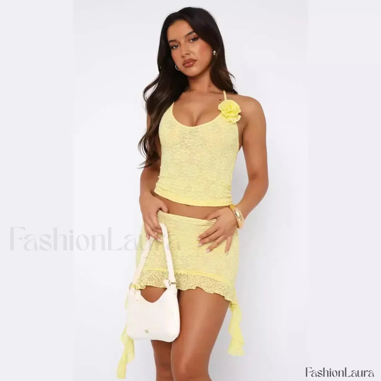 3D Flower Ruffle Mini Skirt Two Piece Set