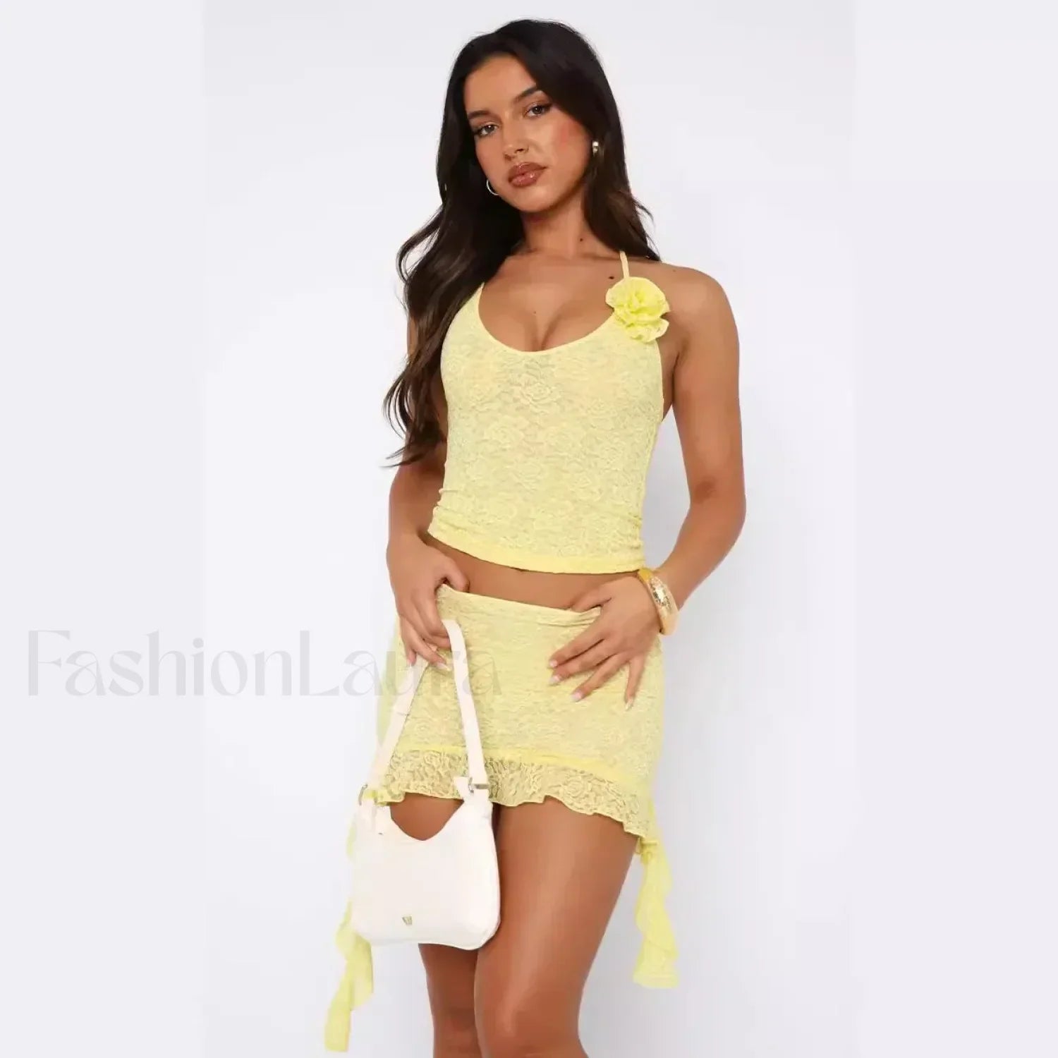 3D Flower Ruffle Mini Skirt Two Piece Set