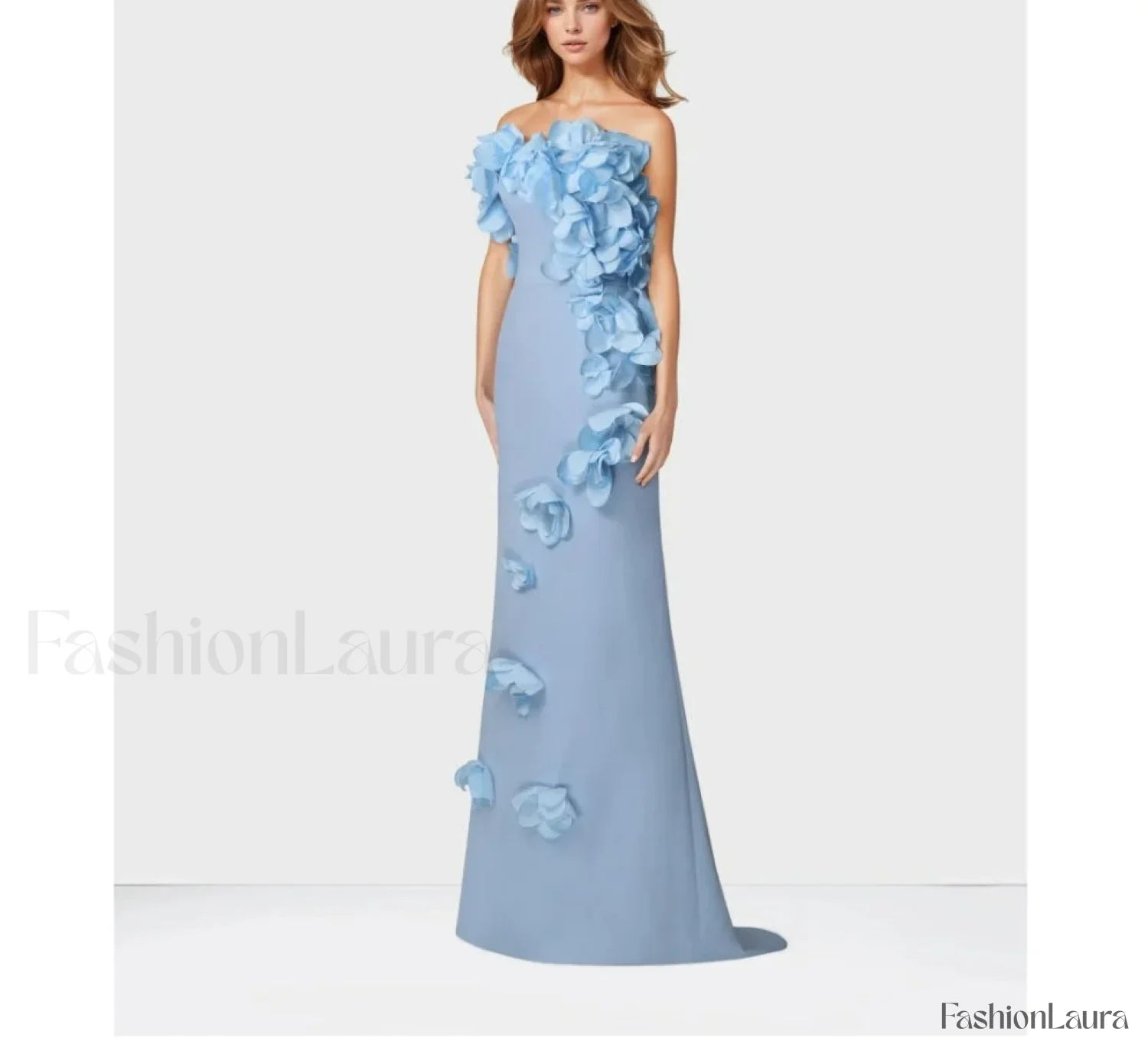 3D Flowers Blue Mermaid Maxi Dress