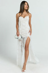 Sheer Ruched Split Cami Maxi Lace Dress 9