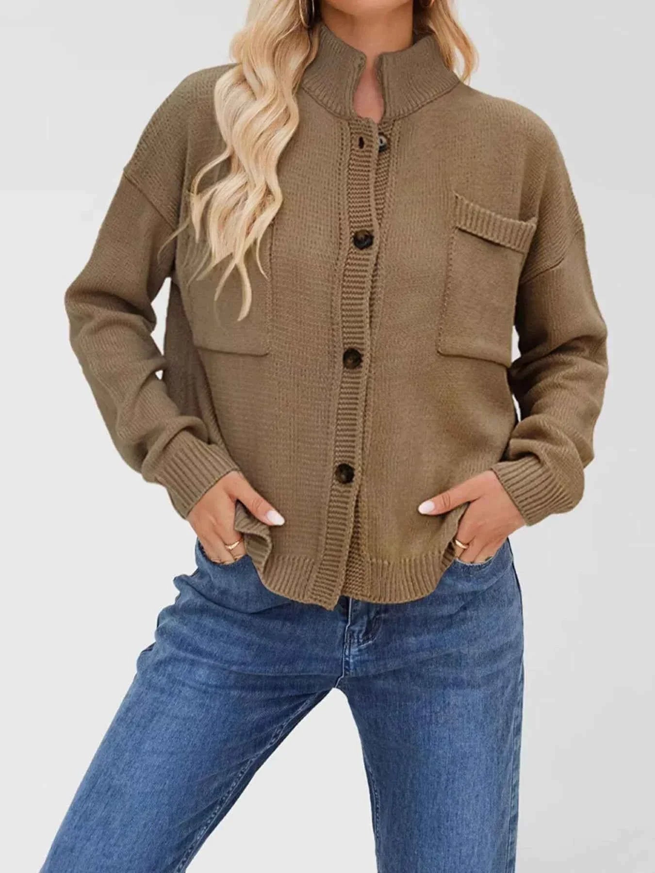 Button Up Dropped Shoulder Cardigan