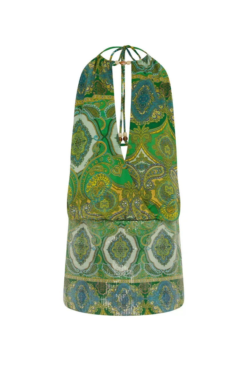 Paisley Print Halter Plunge Draped Blouson Bodycon Mini Dress 5