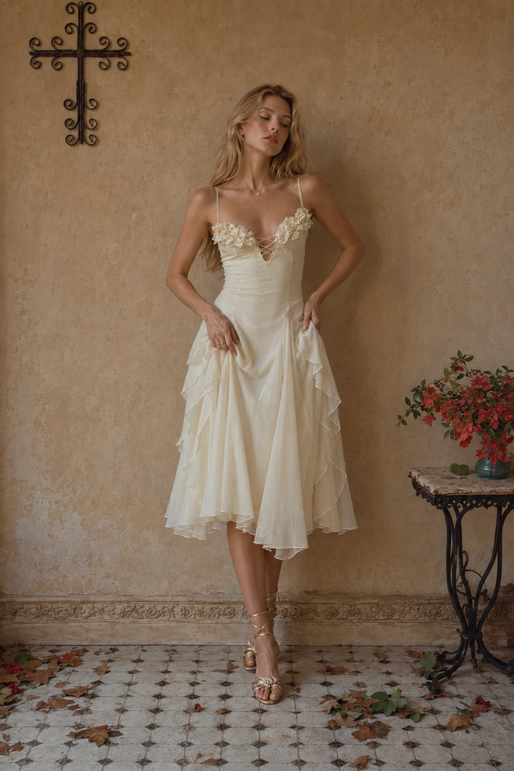 Sculpted Flower Plunge Midi Slip Dress