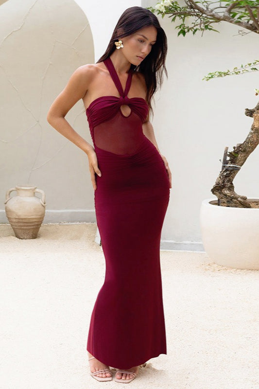 Halter Neck Twist Front Cut Out Sheer Mesh Mermaid Maxi Dress
