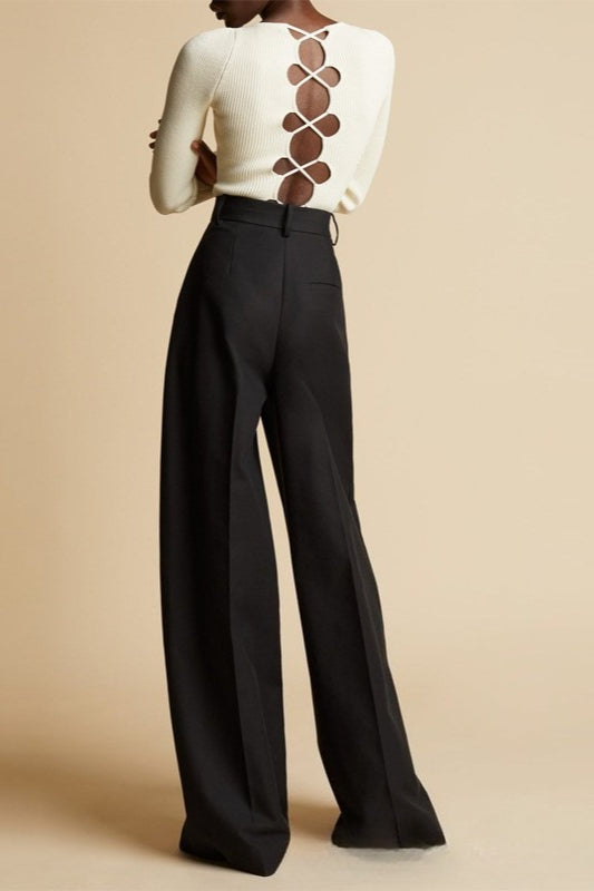 High Waist Pleated Front Floor Length Wide Leg Trousers 2