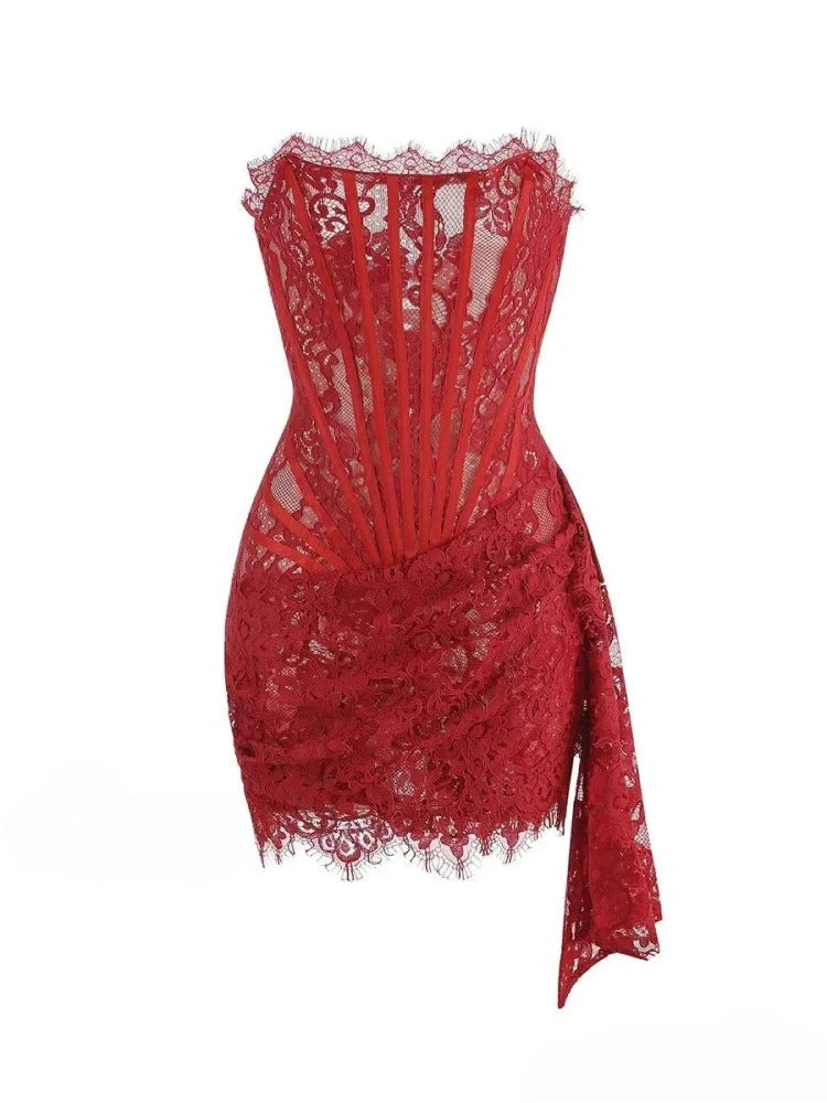 Lace Strapless Corset Boned Bodice Side Drape Mini Dress 9