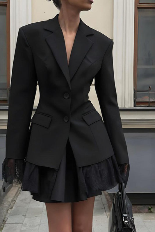 Black Lace Panel Long Sleeve Blazer