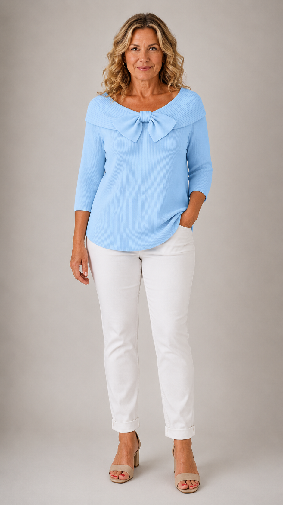 Off Shoulder Bow 3/4 Sleeve Ribbed Knit Sweater