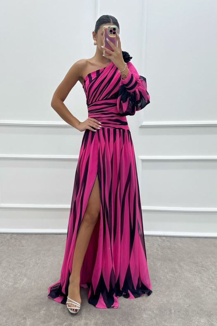 Roma Minimalist One Shoulder Dress with Rose Detail and Patterned Design Statement Occasion Edit