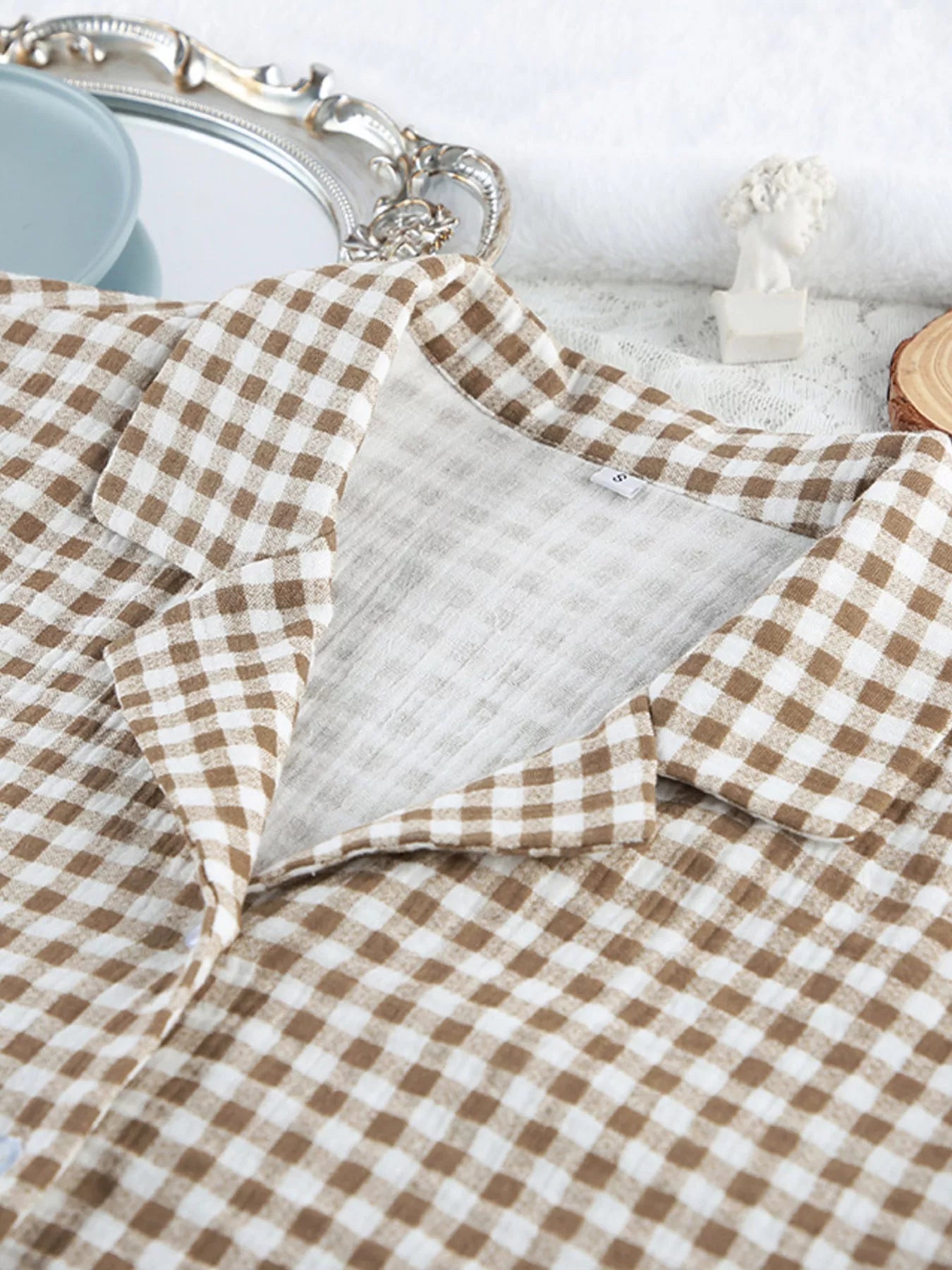 Gingham Ruffle-Trim Top and Pants Lounge Set