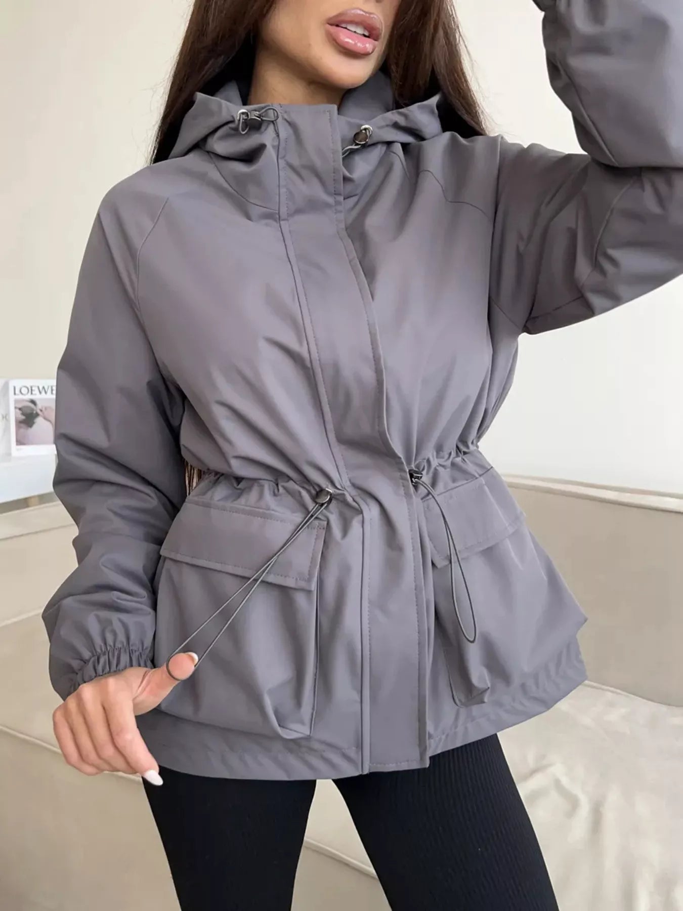 Drawstring Waist Hooded Windbreaker Outerwear