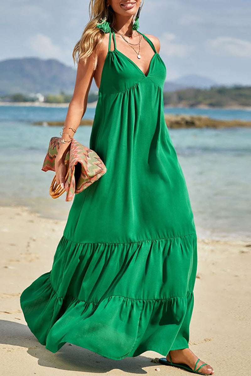 Halter Neck Deep V-Neck Tiered Ruffle Empire Waist Summer Maxi Dress