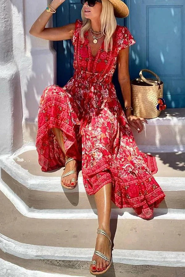 Boutique Oriana Summer in Greece Boho Print, Ruffle Sleeves, Elastic Waist, High Low Midi Dress Premium Wardrobe Essential