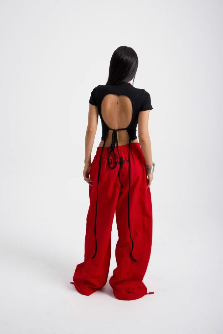 Low Rise Drawstring Hem Baggy Wide Leg Parachute Pants 4
