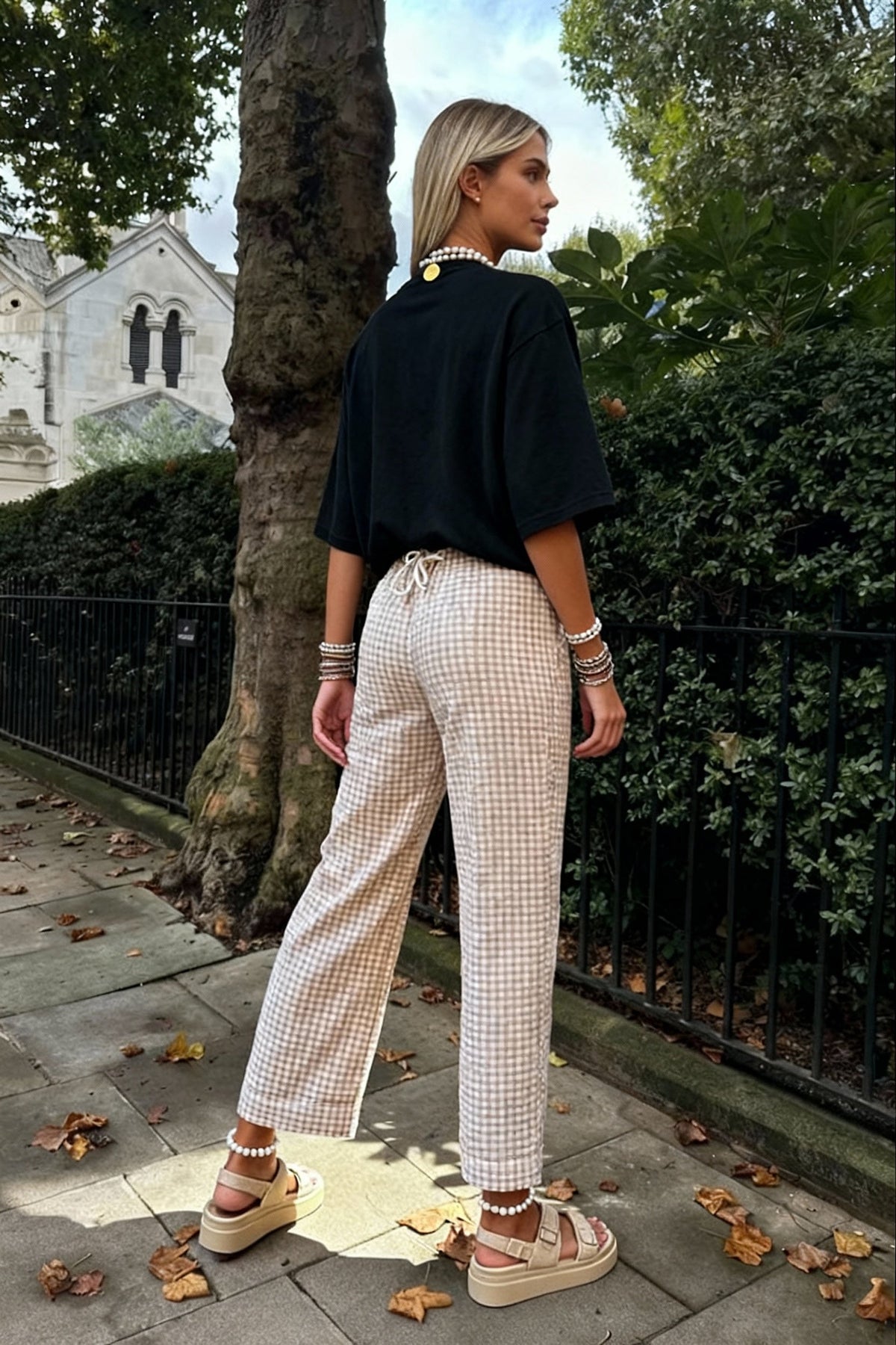 Gingham Drawstring Elastic Waist Wide Leg Lounge Pants 4