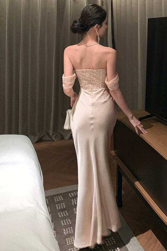 Satin Strapless Lace Bustier Ruched Mermaid Gown