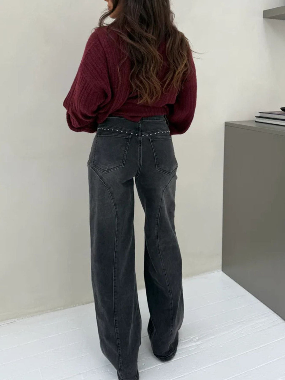 High Waist Studded Curved Seam Wide Leg Jeans 7
