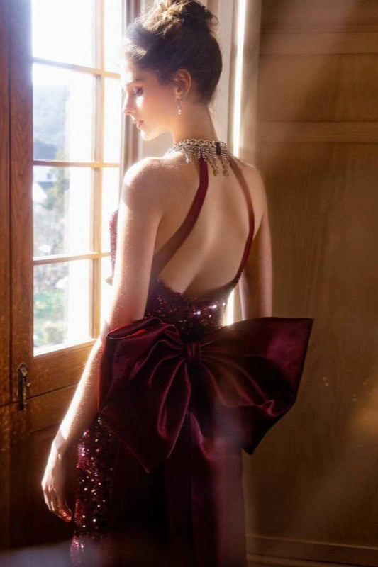 Sequin Halter Neck Plunge Backless Mermaid Gown