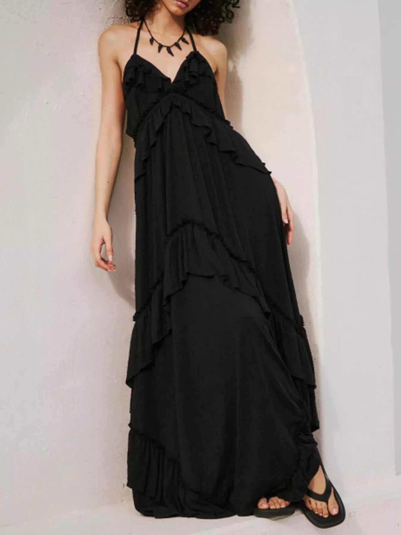 Halter Neck Deep V-Neck Ruffle Tiered Backless Maxi Dress 11