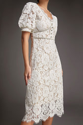 White Lace Overlay V-Neck Rhinestone Detail Midi Dress - View 2