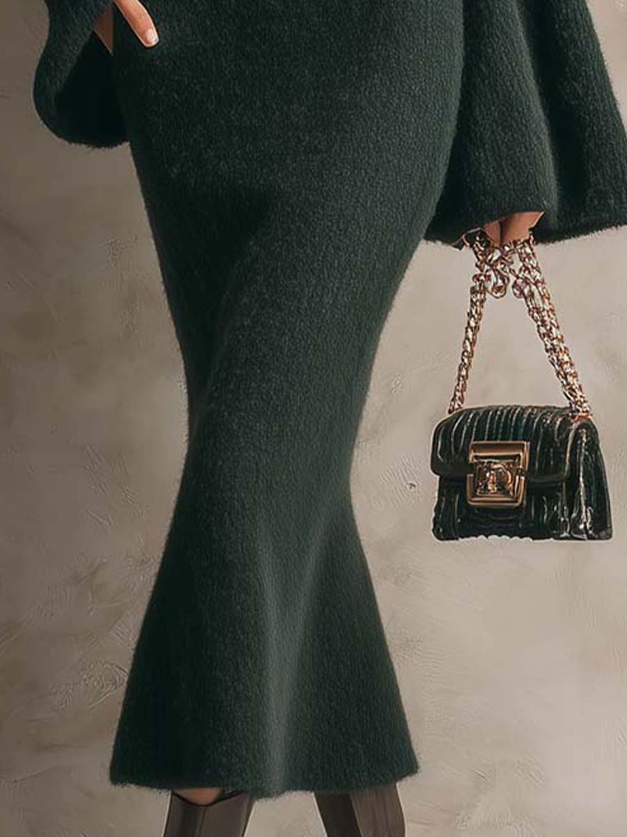 High-Neck Flare-Sleeve Knit Maxi Dress – Deep Forest Green