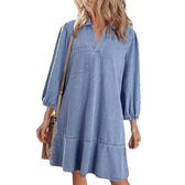 Denim V-Neck Puff Sleeve Pocket A-Line Mini Dress 5