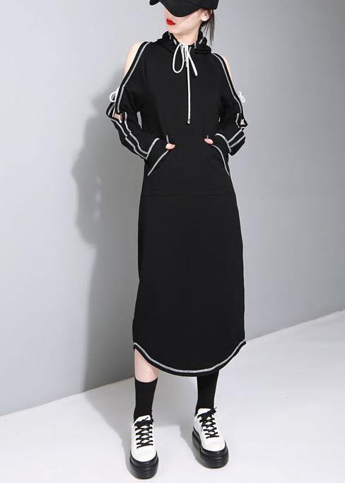 Cold Shoulder Hooded Long Sleeve Kangaroo Pocket Stripe Detail Curved Hem Maxi Dress