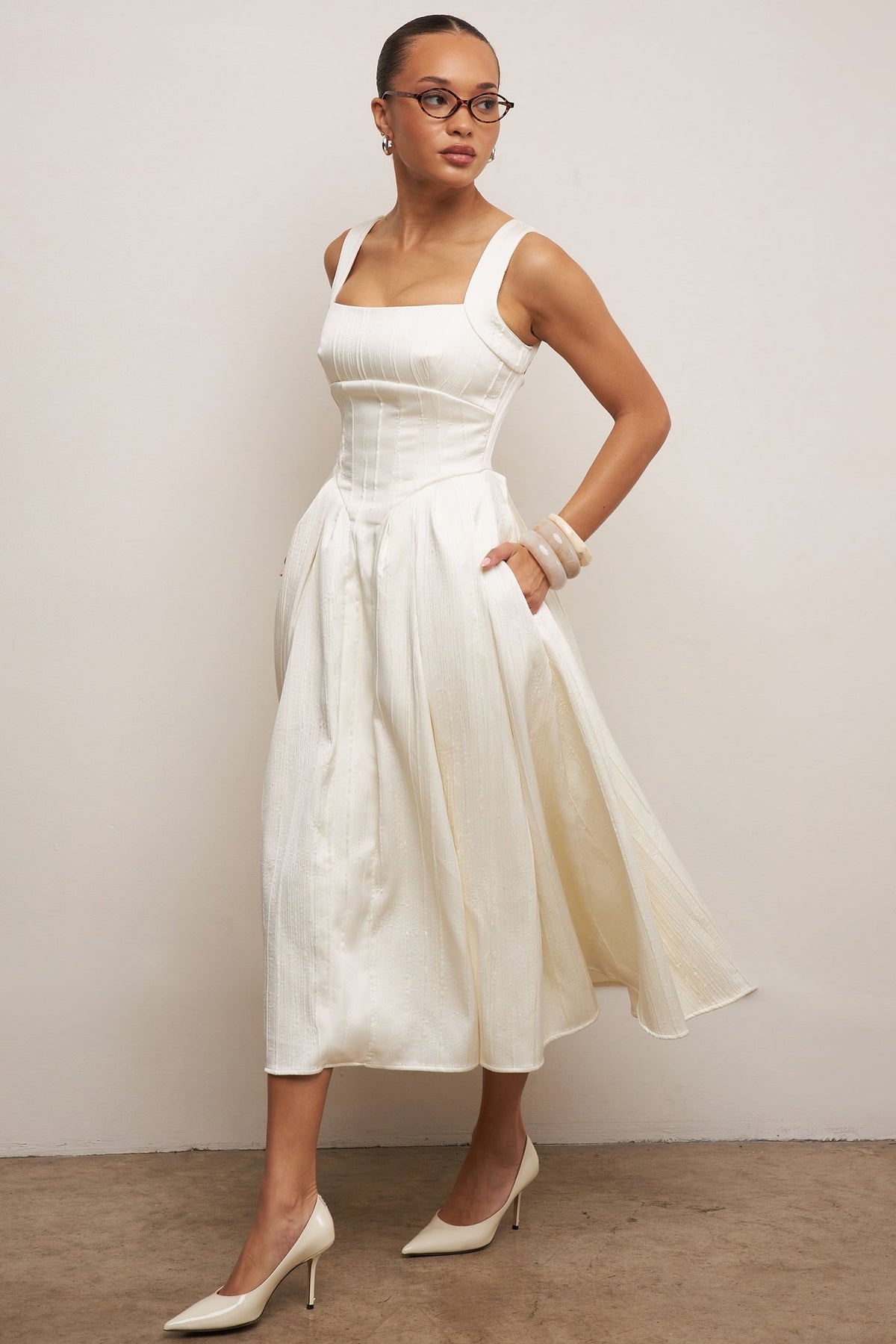 Textured Satin Square Neck Corset Bodice Pleated A-Line Midi Dress 8